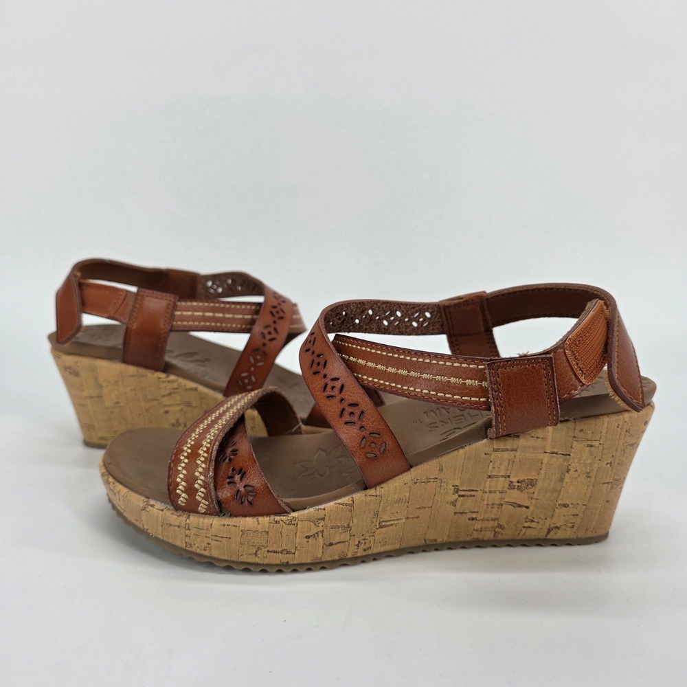 Skechers Cali Luxe Foam Wedges Sandals Beverlee Delicate Glow Brown Boho sz 7